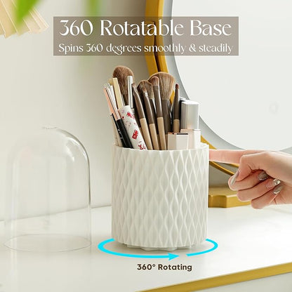 Makeup Brush Holder Organizer - 360° Rotating Makeup Brush Organizer 5 Slot Make up Brushes Cup for Cosmetics, Lipsticks, Art Supply, Bathroom Vanity Desktop Storage, White with Cover