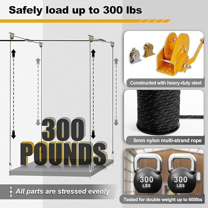 Overhead Garage Storage Lift, Upgrade Winch (No Gear Wear), Heavy Duty Ceiling Mounted Garage Storage Lift System for Organization, 300lbs, Fit for Bronco, Weight, Wrangler (Deck Not Includ)