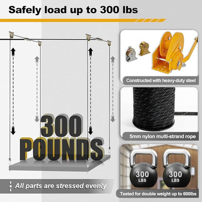 Overhead Garage Storage Lift, Upgrade Winch (No Gear Wear), Heavy Duty Ceiling Mounted Garage Storage Lift System for Organization, 300lbs, Fit for Bronco, Weight, Wrangler (Deck Not Includ)
