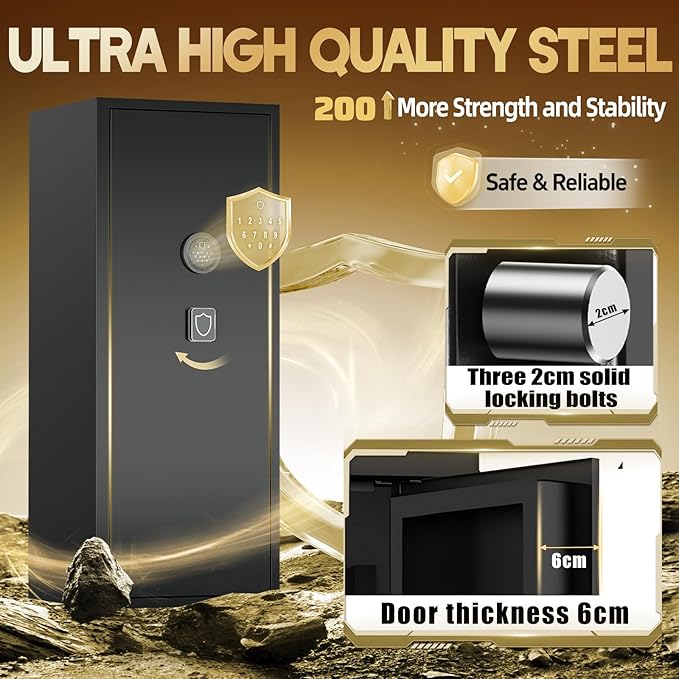 12-15 Gun Safe for Rifles and Pistols, Gun Cabinets for rifles and shotguns with Digital Keypad and Alarm Mode, Easy Assembly Rifle Safe for Home with Internal Lockable Box & Removable Shelves