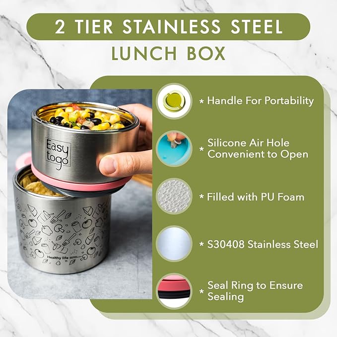 2-Tier Stainless Steel Lunch Box – 32oz Insulated Stackable Food Container – Portable Thermal Bento Box for Adults, Men & Women – Blue