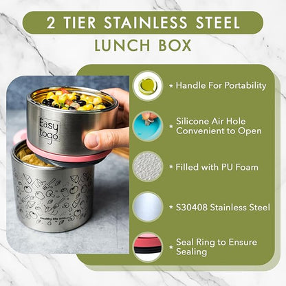 2-Tier Stainless Steel Lunch Box – 32oz Insulated Stackable Food Container – Portable Thermal Bento Box for Adults, Men & Women – Blue