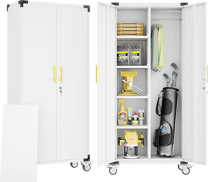 71" Garage Storage Cabinet with Hanging Rod,Lockable Metal Broom Closet Storage Cabinet with 4 Adjustable Shelves for Tools,Garage Home,Office Required Assembly,White