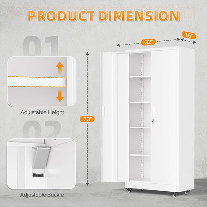 Pataku 73" Metal Storage Cabinet with Wheels, Garage Storage Cabinet with 4 Adjustable Shelves & Lockable Doors for Garage Home Office, Heavy Duty Tool Cabinets（White）