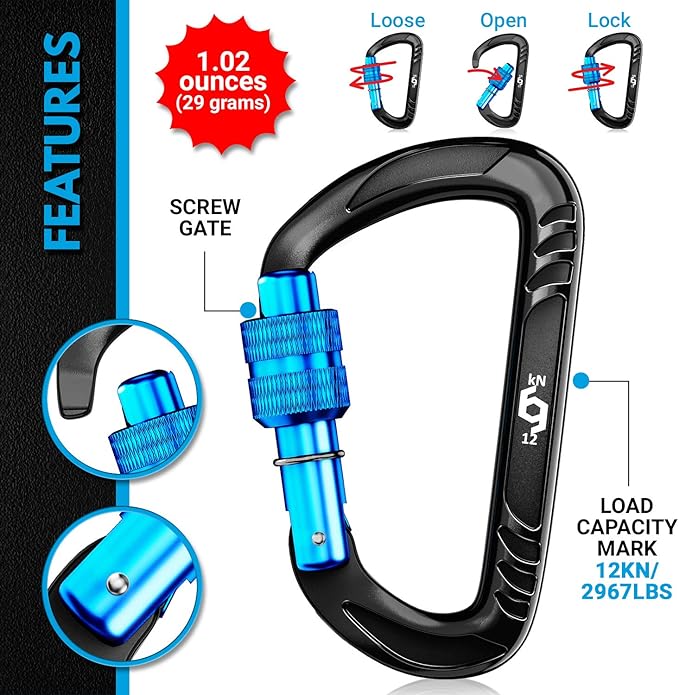 12kN (2697 lbs) Heavy Duty Carabiner Clips, for Securing Pets, Outdoor, Camping, Hiking, Hammock, Dog Leash Harness, Keychains