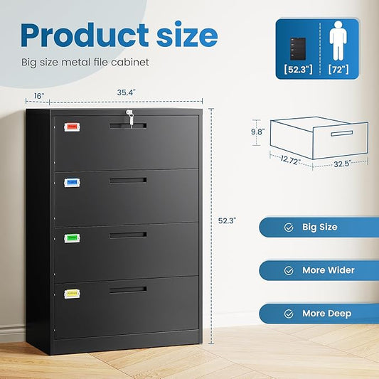 4 Drawer File Cabinet, Lateral Filing Cabinets for Home Office, Office Storage Drawers with Lock, Hanging Files Legal/Letter A4 Size (Assemble Required,Black)