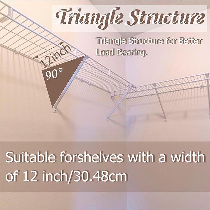 12PCS 12 Inch Wire Shelf Brackets, Heavy Duty Wire Shelving Support Brackets, Closet Rack Support with 8PCS Wire Shelf Clips, Closet Wire Shelf Support Brackets for Laundry, Closet, Garage