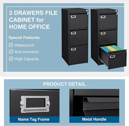 3-Drawer File Cabinet, 16.3" Deep Vertical Filing Cabinet with Lock, Metal File Cabinet for Home Office, Anti-Tip 3 Storage Drawers for Letter/Legal/A4/F4 Size, Assembly Required, Black