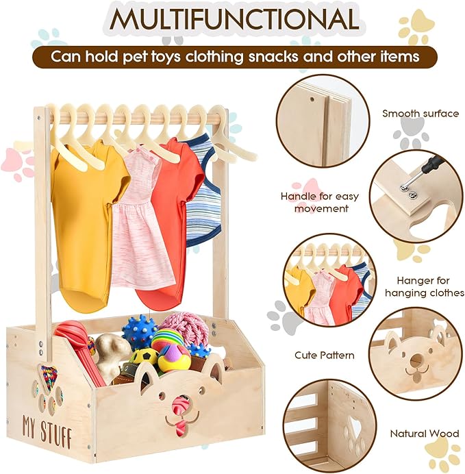 Chunful Dog Closet Wooden Pet Wardrobe Closet Dog Toy Storage Bin with Handle Pet Clothes Rack for Cat Organization and Storage Accessories, 19" x 13" x 9"