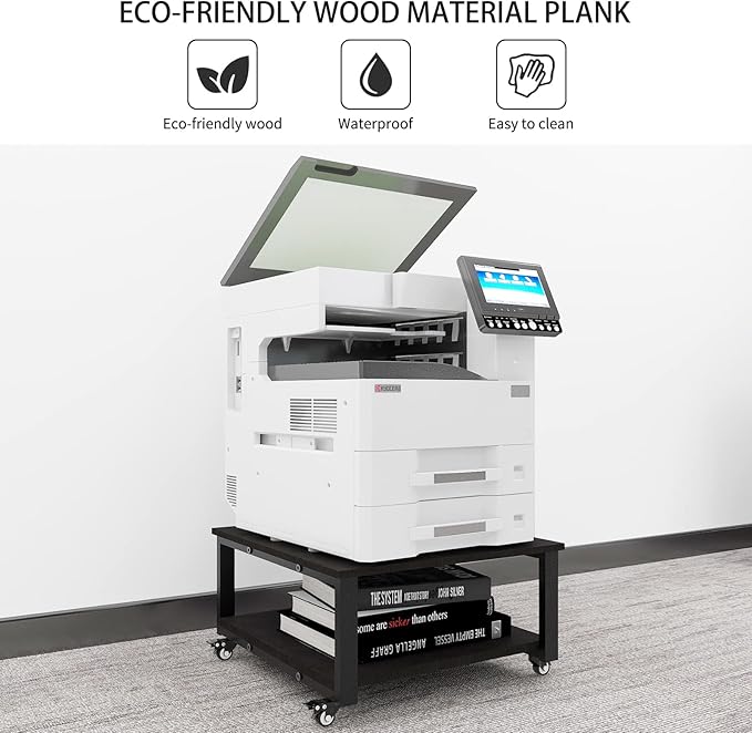 Natwind 2 Tier Laser Printer Stand,23.6''x23.6'' Large Printer Table,Copier Stand with Wheels, Heavy Duty Rolling Printer Cart with Paper Storage Shelf for Home Office (Black)