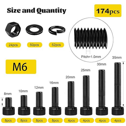 174PCS M6 Screws with Nuts Assortment Kit - M6x8/10/12/16/20/25/30/35 mm Hex Socket Head Cap Bolts with Nuts & Washers Assorted Set - 12.9 Alloy Steel Black Zinc Plated Anti-Rust Hardware Set