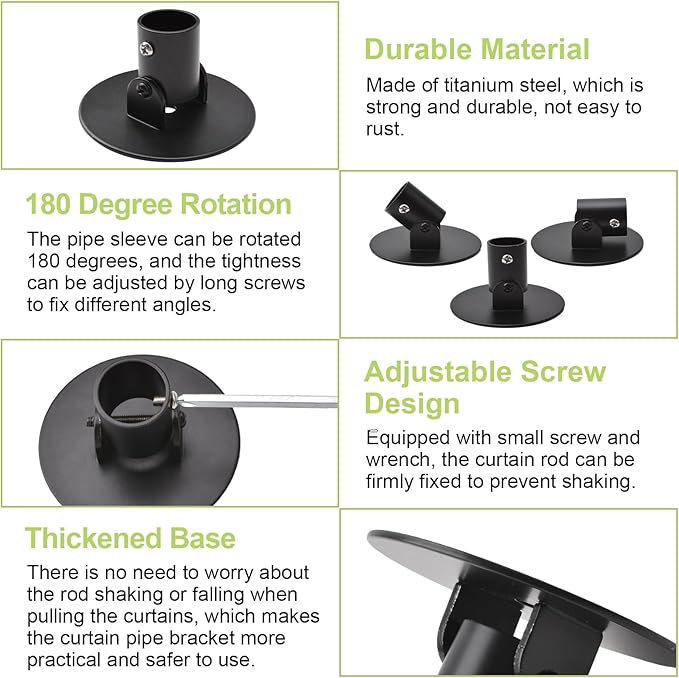 4pcs Shower Curtain Rod Bracket Black Flange Closet Rod Holder for Wall Mounting Titanium Steel Single Swivel Flange Rod Bracket with Screws