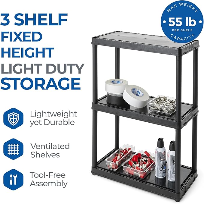 Gracious Living 3 Shelf Fixed Height Light Duty Storage Unit 12 x 24 x 33" Organizer System for Home, Garage, Basement, & Laundry, Black (2 Pack)