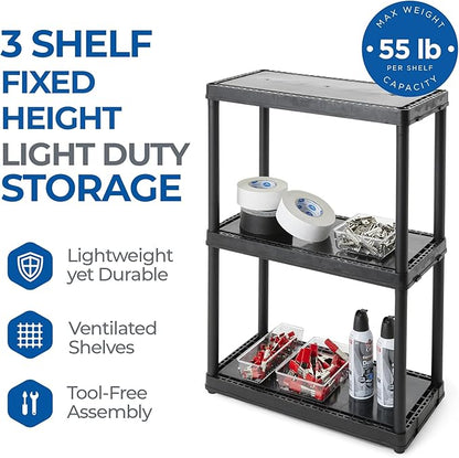 Gracious Living 33 Inch Heavy Duty 3-Shelf Light Duty Storage Shelf, Easy Assembly and Holds Up to 55 Pounds Per Shelf, Black