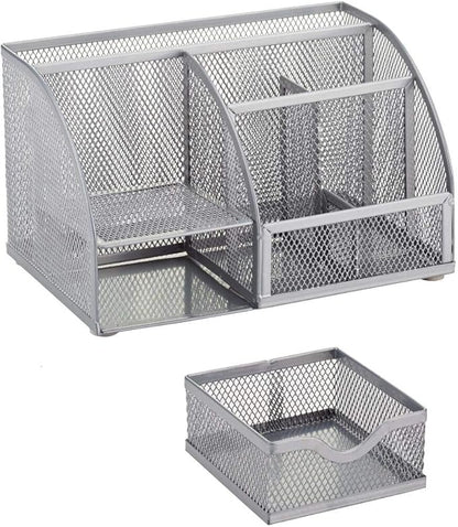 Annova Mesh Desk Organizer Office with 7 Compartments + Drawer/Desk Tidy Candy/Pen Holder/Multifunctional Organizer (Silver)