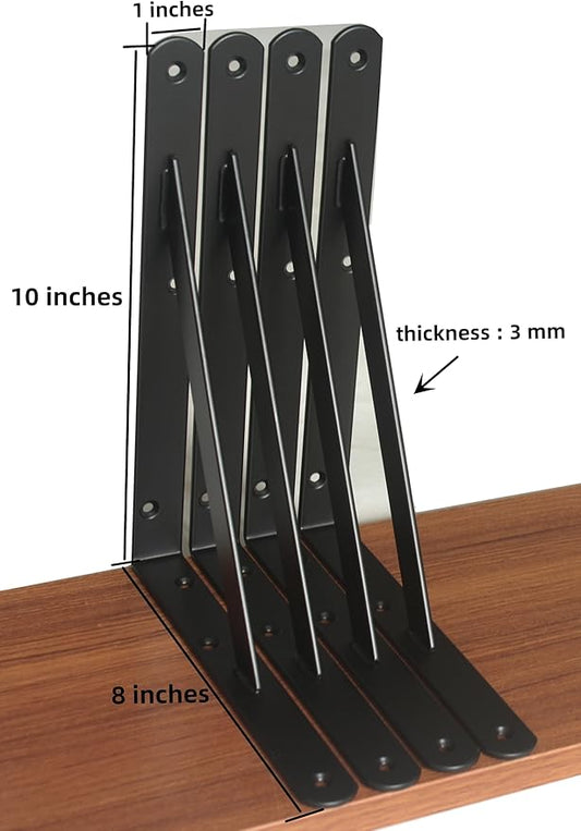 2 Pack L10 x H 8" Black Heavy Duty Shelf Brackets with Screws Metal Shelf Brackets Shelf Support Angle Brackets for Shelves L Brackets Heavy Duty Floating Shelf