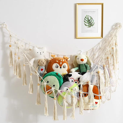 Stuffed Animal Storage Macrame Boho Plush Toy Net Hammock for Stuffed Animals with Light Pet Net for Stuffed Animals Corner Hanging Stuffed Animal Holder Teddy Bear Net for Kids Room (White-1)