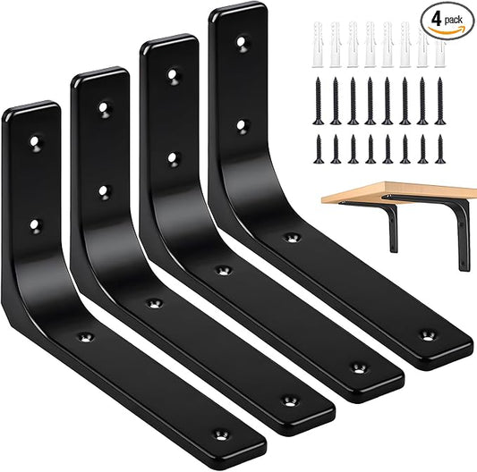 Black Wall Shelf Brackets, 8 x 6 Inch Iron Metal Shelf Brackets L Shaped Corner Support Brackets for DIY Floating Shelf, 4 PCS