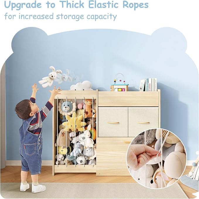 Toy Organizer and Stuffed Animals Storage, All-in-One Toy Shelf with Stuffed Animal Holder, 2 Drawers, Movable Toy Chest & Top Shelf, Solid Wood Bedroom Toy Storage Organizer