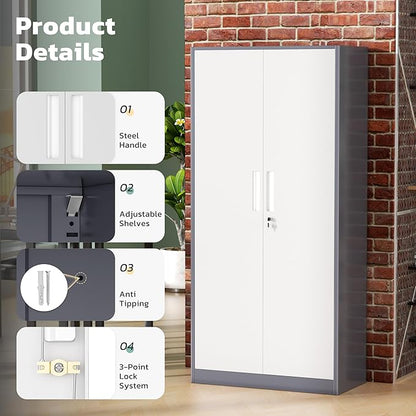 Greenvelly Metal Lockable Storage Cabinet, 72” Tall Storage Cabinet with 2 Doors and 4 Adjustable Shelves for Office, Home, Garage, Pantry (Assembly Required, 18”D, Grey White)