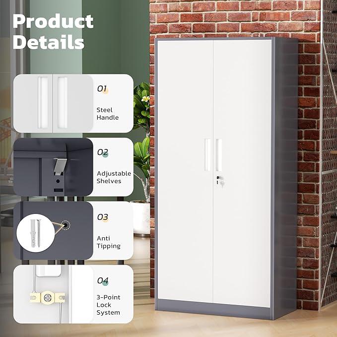 Greenvelly Metal Lockable Storage Cabinet, 72” Storage Cabinet with 2 Doors and 4 Adjustable Shelves for Office, Home, Garage, Pantry (Assembly Required, Grey White)