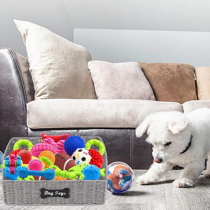 Pet Dog Toy Storage Basket,Collapsible Woven Paper Rope for Dog Cat Toys,Trapezoid Dog Toy Bin,Dog Storage Organizer with Wire Frame,Ideal for Living Room,Playroom(Black)