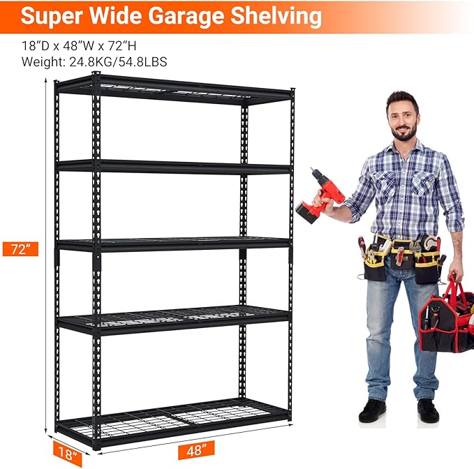 GarveeHome Garage Shelving, Heavy Duty Garage Shelving 48" L x 18" W x 72" H, 2500 LBS Load Bearing Storage Shelves Adjustable, Durable Metal Storage Shelves, Easy Assemble for Garage, Basement