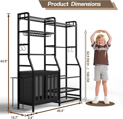 Garage Sports Equipment Organizer, Golf Bag Storage Rack, Heavy Duty Ball Holder with Basket & Hooks, Indoor/Outdoor Basketball Storage Bins for Toy Sports Gear Storage