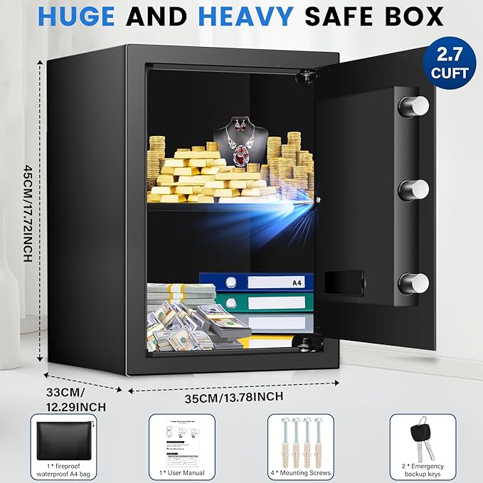 2.7 Cuft Safe Box, Home Safe with Fireproof Waterproof Bag, Anti-Theft Digital Security Lock Box with Smart Alert System, Removable Shelf, Mute Function, Personal Document Safes for Money Jewelry