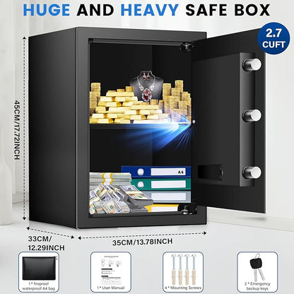 2.7 Cuft Safe Box, Home Safe with Fireproof Waterproof Bag, Anti-Theft Digital Security Lock Box with Smart Alert System, Removable Shelf, Mute Function, Personal Document Safes for Money Jewelry