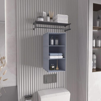 Hanging Closet Organizer and Storage 3-Shelf, Easy Mount Foldable Hanging Closet Wardrobe Storage Shelves, Clothes Handbag Shoes Accessories Storage, Washable Oxford Cloth Fabric, Gray