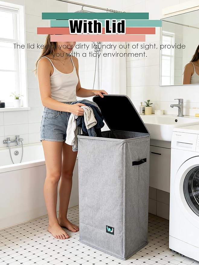 Laundry Hamper with Lid, Reinforced Sturdy Clothes Hamper with Anti-Puncture Base, Large Collapsible Laundry Basket with Removable Liner Bag, Tall Dirty Clothes Bin for Family, 100L Grey