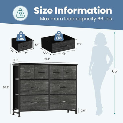 DUMOS TV Stand, Dresser with 8 Fabric Drawers, Spacious Storage Tower for Closet, TV Stand with Wood Top and Mental Frame, Storage Unit for Living Rooms, Bedroom and Entryway, Wood Black