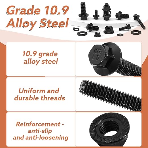 384 Pcs Metric Flange Bolt Assortment Kits, M6x1.0, M8x1.25, M10x1.5 Bolts(12mm to 30mm) Grade 10.9 Alloy Steel Metric Machine Screws Nuts and Bolts Kit