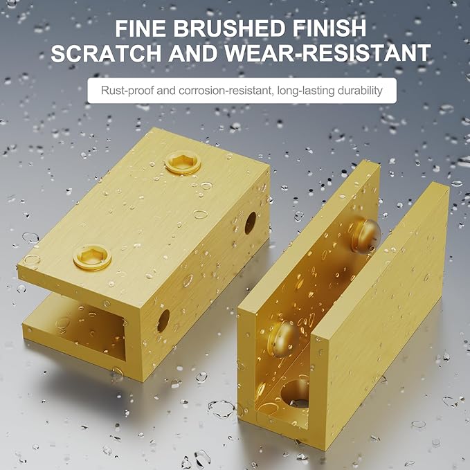 Ranbo 2 Pcs Solid Brass Glass Shelf Brackets, Heavy Duty 4mm Thick Design，for 1/4" to 1/2" Frameless Glass Panels, Wall Mount Support Clips for Shower and Shelves, Brushed Gold