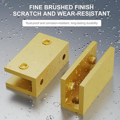 Ranbo 2 Pcs Solid Brass Glass Shelf Brackets, Heavy Duty 4mm Thick Design，for 1/4" to 1/2" Frameless Glass Panels, Wall Mount Support Clips for Shower and Shelves, Brushed Gold