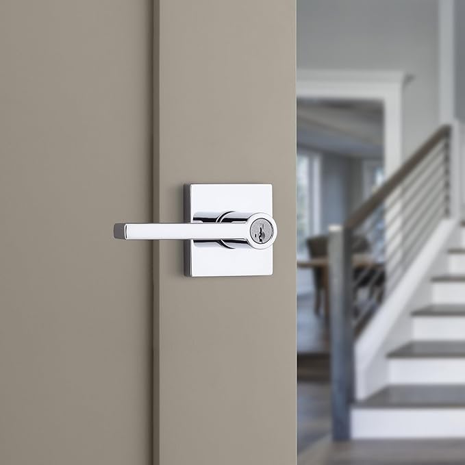 Kwikset Halifax Entry Door Handle with Lock and Key, Secure Keyed Reversible Lever Exterior, for Front Entrance and Bedrooms, Polished Chrome, 4 Pack, Pick Resistant SmartKey Rekey Security