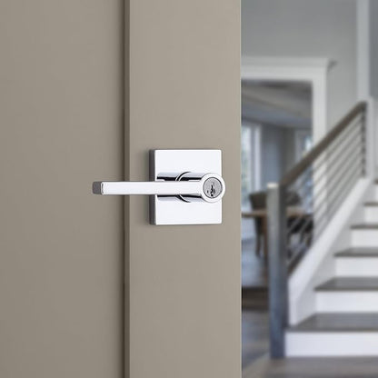 Kwikset Halifax Entry Door Handle with Lock and Key, Secure Keyed Reversible Lever Exterior, for Front Entrance and Bedrooms, Polished Chrome, 4 Pack, Pick Resistant SmartKey Rekey Security