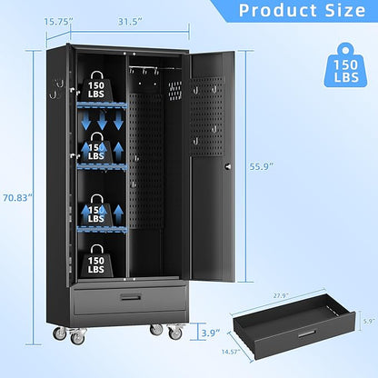 SUXXAN Broom Closet with Wheels 71"x 31.5"x15.75", Metal Cleaning Cabinets with Drawer Hooks and Hanging Rods, Lockable Cabinet with Pegboard, Adjustable Shelf,for Garage, Laundry Room