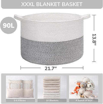 INDRESSME Large Storage Basket, 21.7'' x 13.8'' Cotton Rope Blanket Basket Living Room, Toy Organizers and Storage with Handles for Kids, Laundry Baskets for Clothes, Towel, 90L Grey
