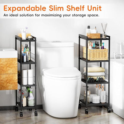 Expandable Slim Storage Cart with Wheels, 4 Tier Narrow Metal Rolling Utility Cart Organizer Adjustable Open Floor Shelf Unit for Small Spaces Bathroom Laundry Room Kitchen