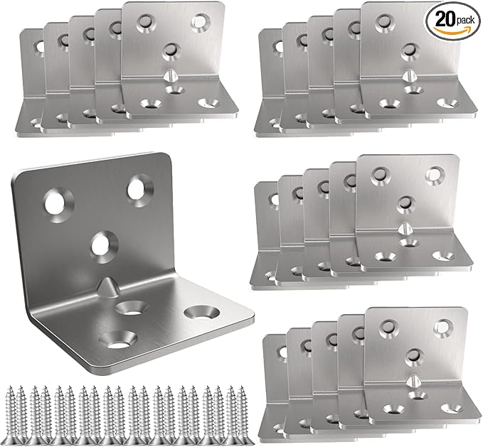 Silver Stainless Steel Corner Bracket,Joint Right Angle Bracket,L Shape Heavy Duty Metal Corner Brace Shelf Supporter for Wood Aufuga (20, 1.5x1.2x1.2)