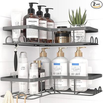 Corner Shower Caddy - 2 Pack, Adhesive Shower Organizers, Rustproof Stainless Steel Shower Shelves with 8 Hooks, No Drilling Bathroom Organizers and Storage Racks, Space-Saving, Grey, Large
