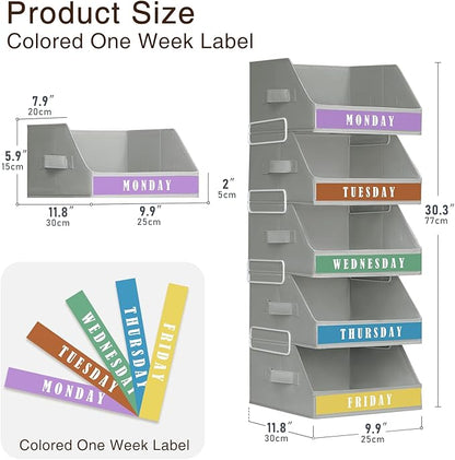 Closet Organizers and Storage - 5 Tier Shelf Organizer with Weekly Labels, Stackable Storage Bins with Metal Frame, Foldable Cube Bins, Home Baskets for Kids and Adults, Grey