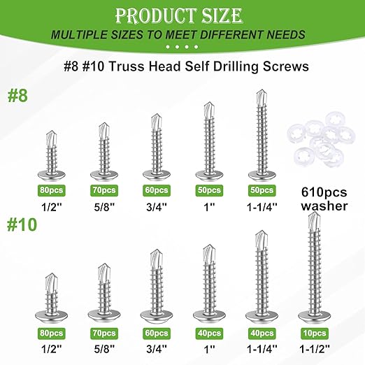 mxuteuk 1220PCS #8#10 Self Tapping Screws for Metal,410 Stainless Steel Self Drilling Screws,Truss Head 1/2" to1-1/2'' Self Tapping Screw for Plastic(610pcs Screw+610pcs Washer)