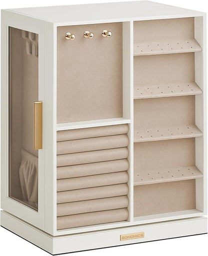 SONGMICS Jewelry Box 360° Rotating, Jewelry Storage Case with 5 Drawers, Jewelry Organizer, Glass Window, Spacious, Vertical Jewelry Storage, Open Design, Great Gift, Cloud White UJBC170W01