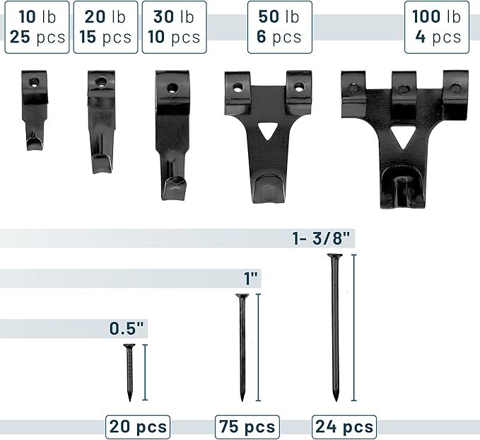 Mr. Pen- 220pc Black Picture Hanging Kit, Nails, Hooks & Hardware