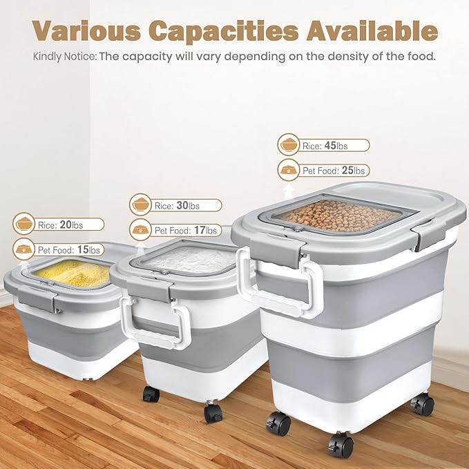 Rice Storage Container, Collapsible Airtight Food Storage Containers 20-30 Lbs, Rice Dispenser Bin with Cup and Scoop for Flour Cereal Pasta Grain, Cat Bird Pet Dog Food Storage Container