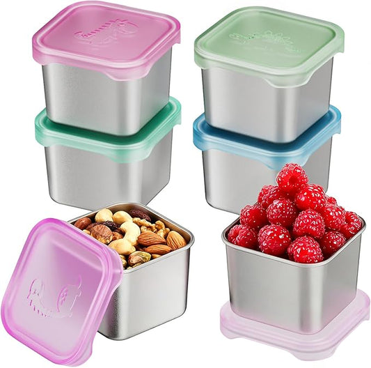 6-Pack Small (6 oz) Stainless Steel Snack Containers for Kids, Easy-Open Toddler Snack Containers with Lids - Cute Dinosaur Small Stackable Metal Snack Box for Daycare, School, Travel