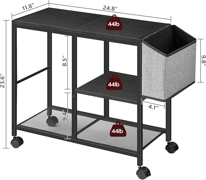 Printer Stand with Storage Bag, 3-Tier Mobile Under Desk Printer Cart with Wheels, Wooden Rolling Printer Table, Organizer Shelf for Study, Office, Living Room, Black PTHB2201